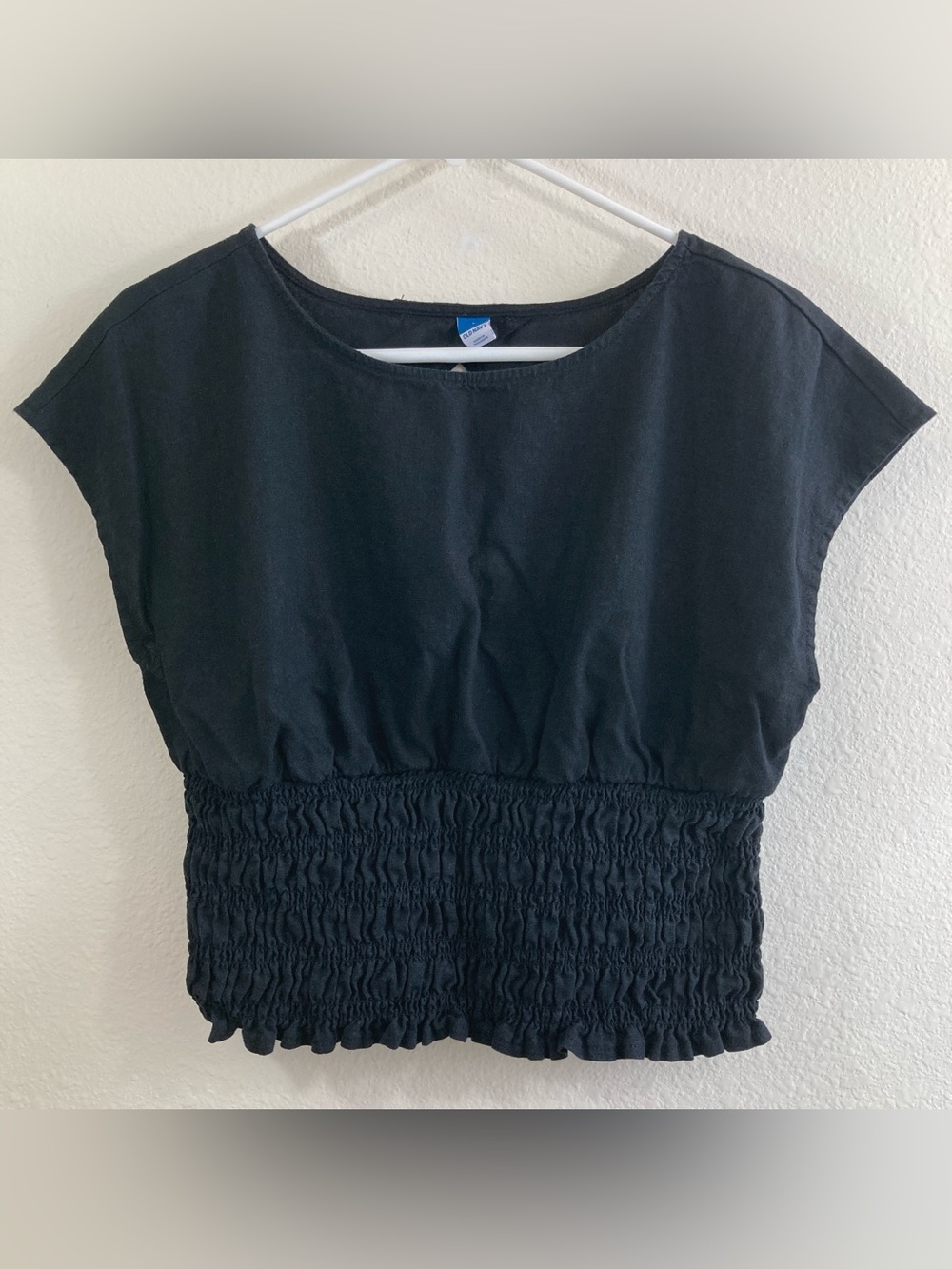 Old Navy Black Linen Blend Smocked Open Back Crop Top Size L